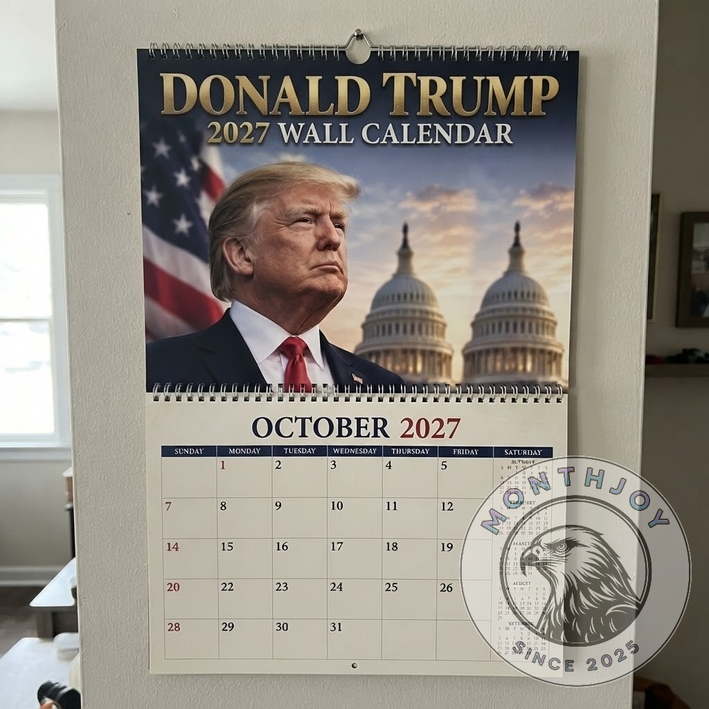 Spiral-bound Donald Trump 2027 wall calendar hanging on a wall, open at the October grid