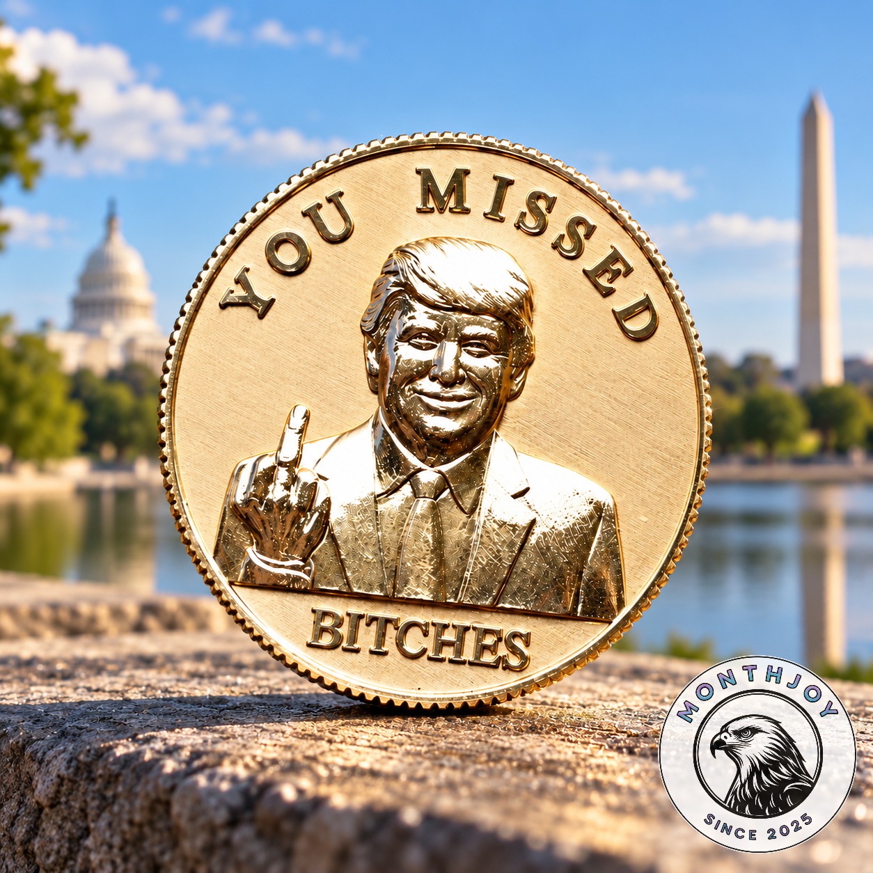 Donald Trump You Missed Bitches Challenge Coin - front view with raised portrait