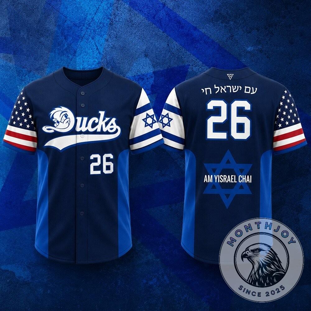 Ducks Am Yisrael Chai #26 American Israeli Baseball Jersey - Detail View