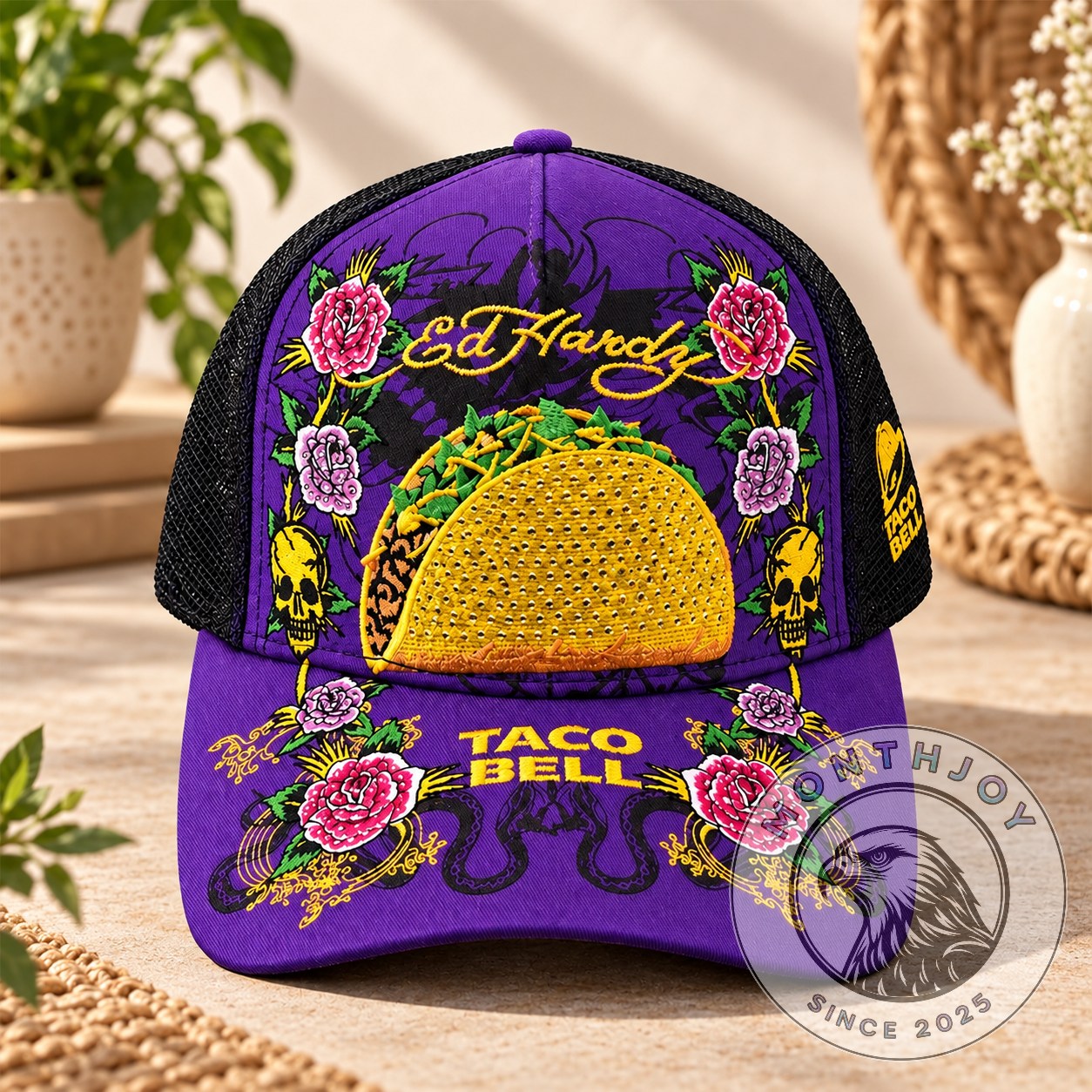Ed Hardy Taco Bell Hat Cap 2026 - front view with taco and floral skull design
