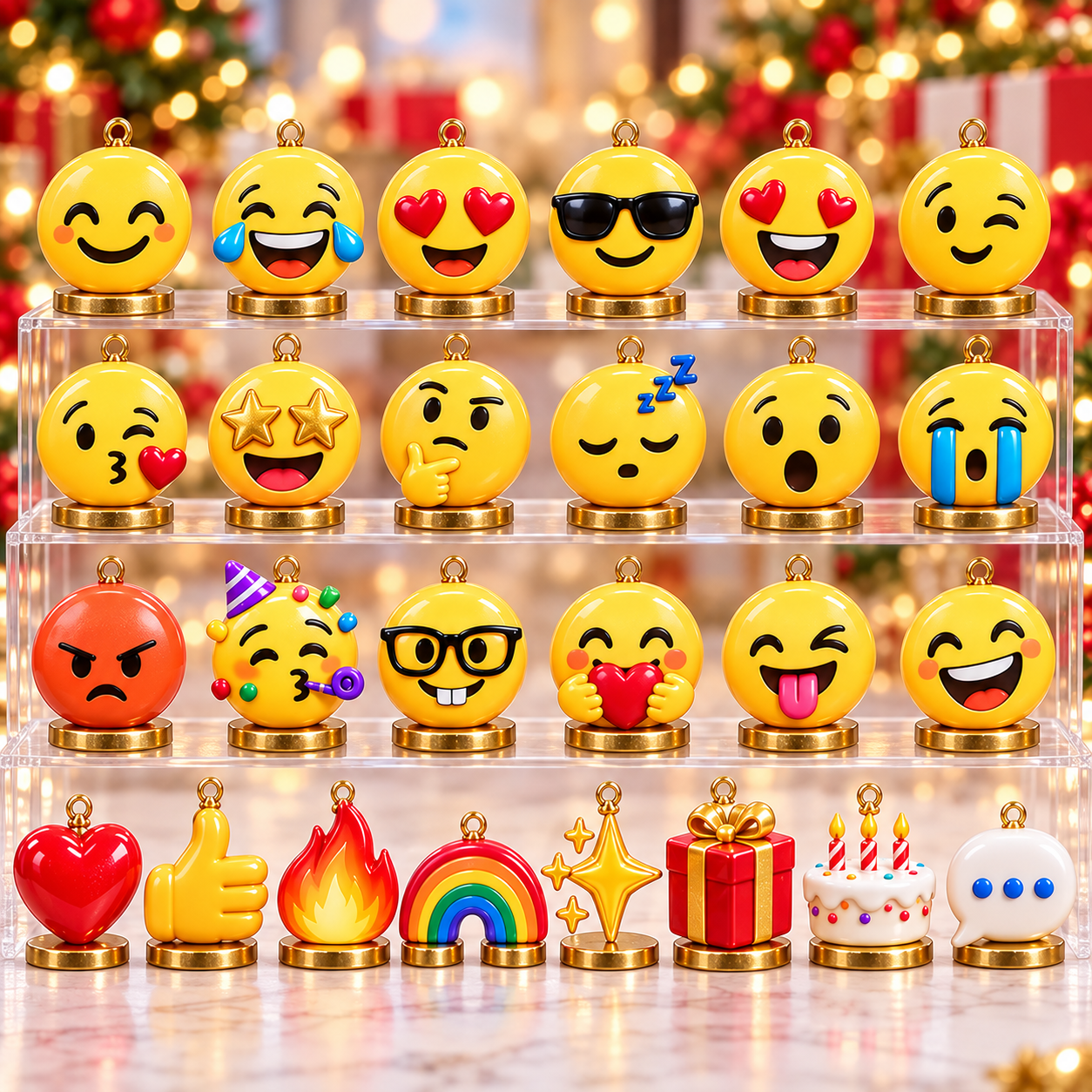 Emoji Expressive Faces Christmas 2026 Advent Calendar - assorted emoji designs displayed on clear shelves