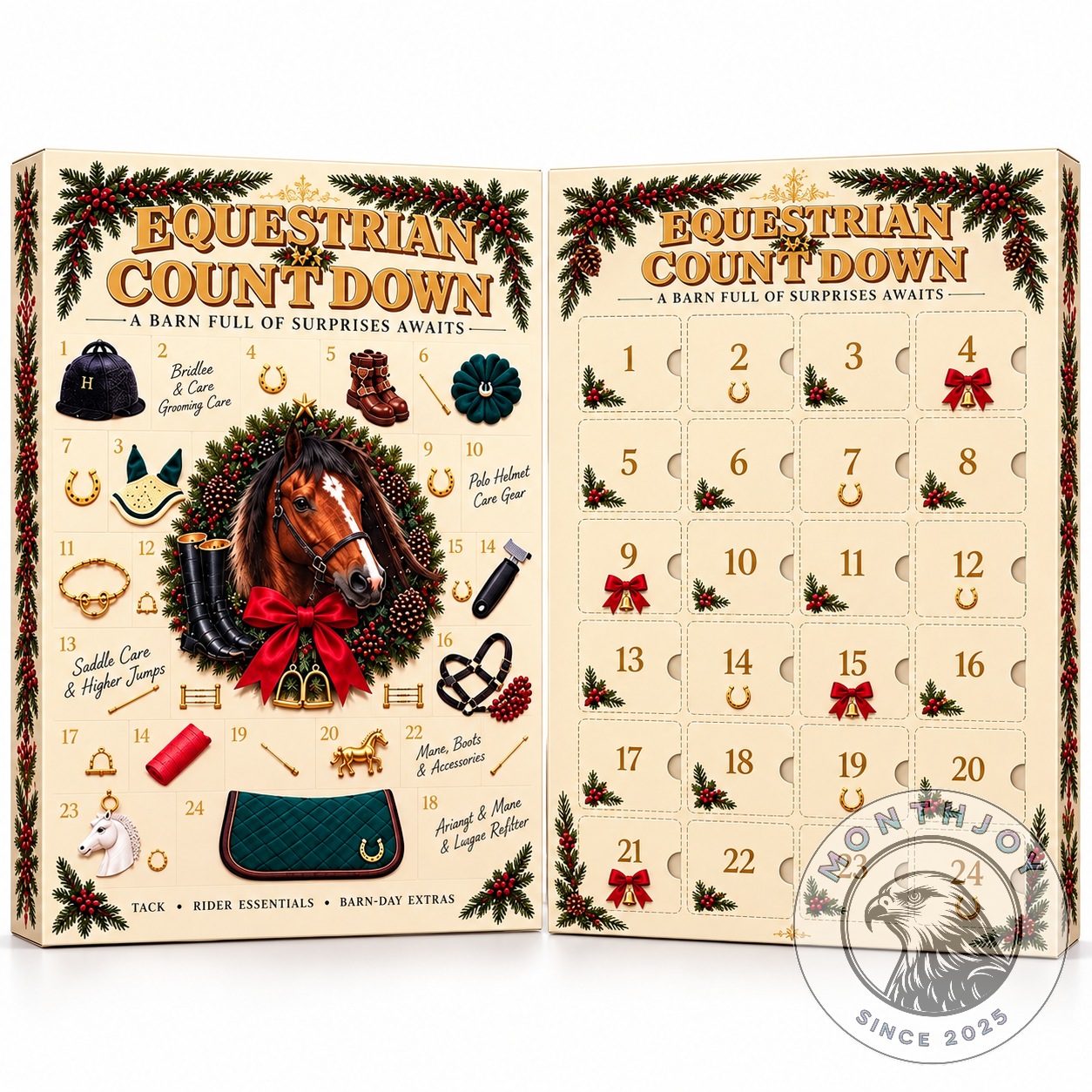 Equestrian Horse Tack and Rider Essentials Advent Calendar 2026 - numbered compartments and horse illustration
