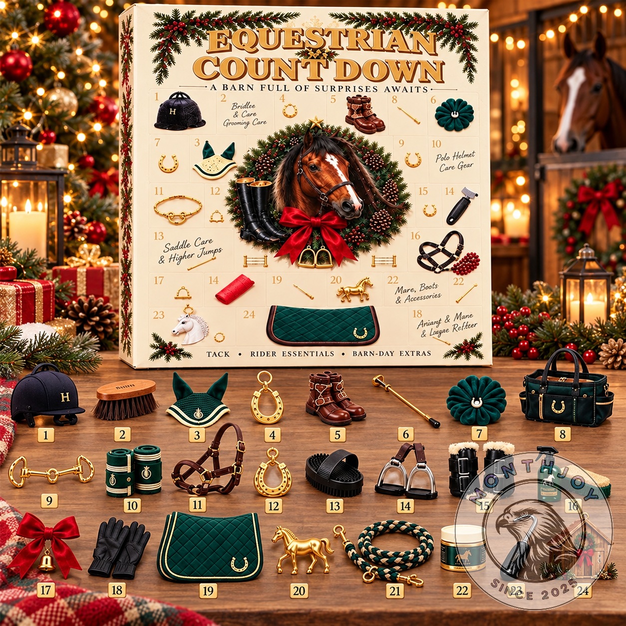 Equestrian Horse Tack and Rider Essentials Advent Calendar 2026 - front view with equestrian accessories