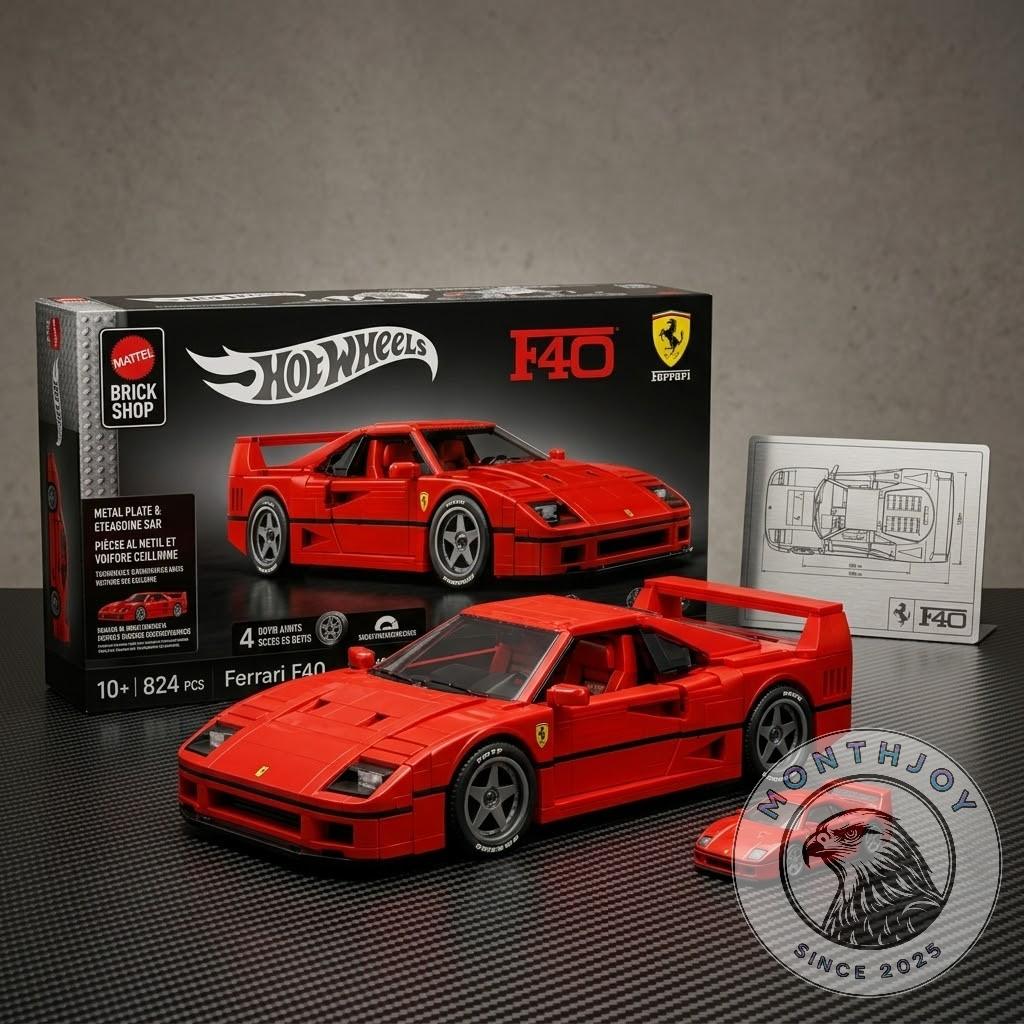 Ferrari F40 Hot Wheels Brick Shop Building Set - assembled model with packaging and etched plate