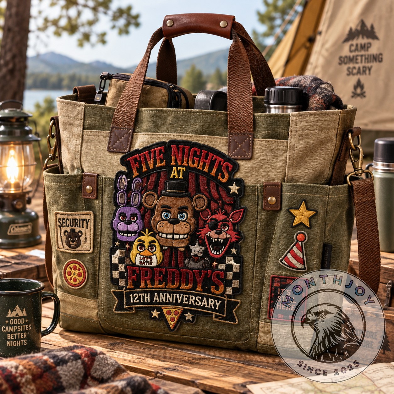 Five Nights at Freddy's 12th Anniversary Tote Bag - front view showing character patch and pockets