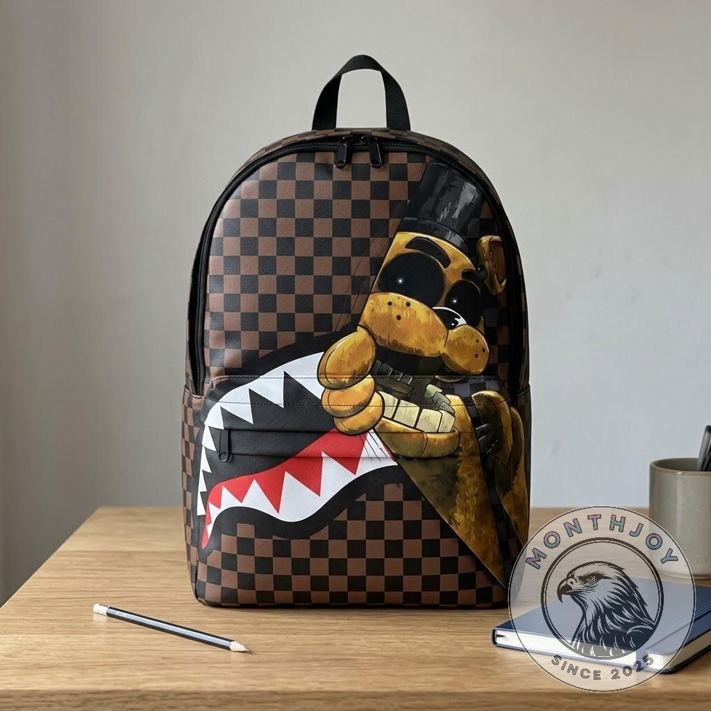 Five Nights at Freddys FNAF Freddy Fazbear Shark Mouth Checkerboard Backpack - close-up front view