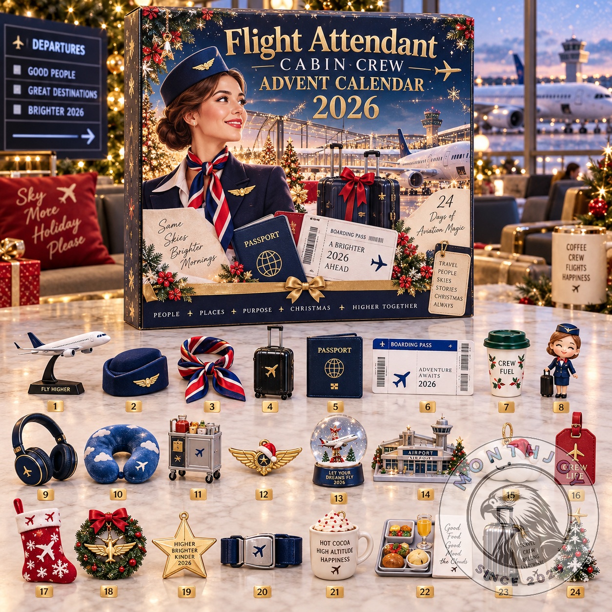 Flight Attendant Cabin Crew 2026 Advent Calendar - front box artwork with aviation-themed numbered gifts