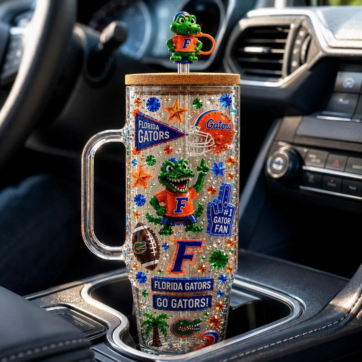 Florida Gators Football Fan Tumbler - close-up of top and handle