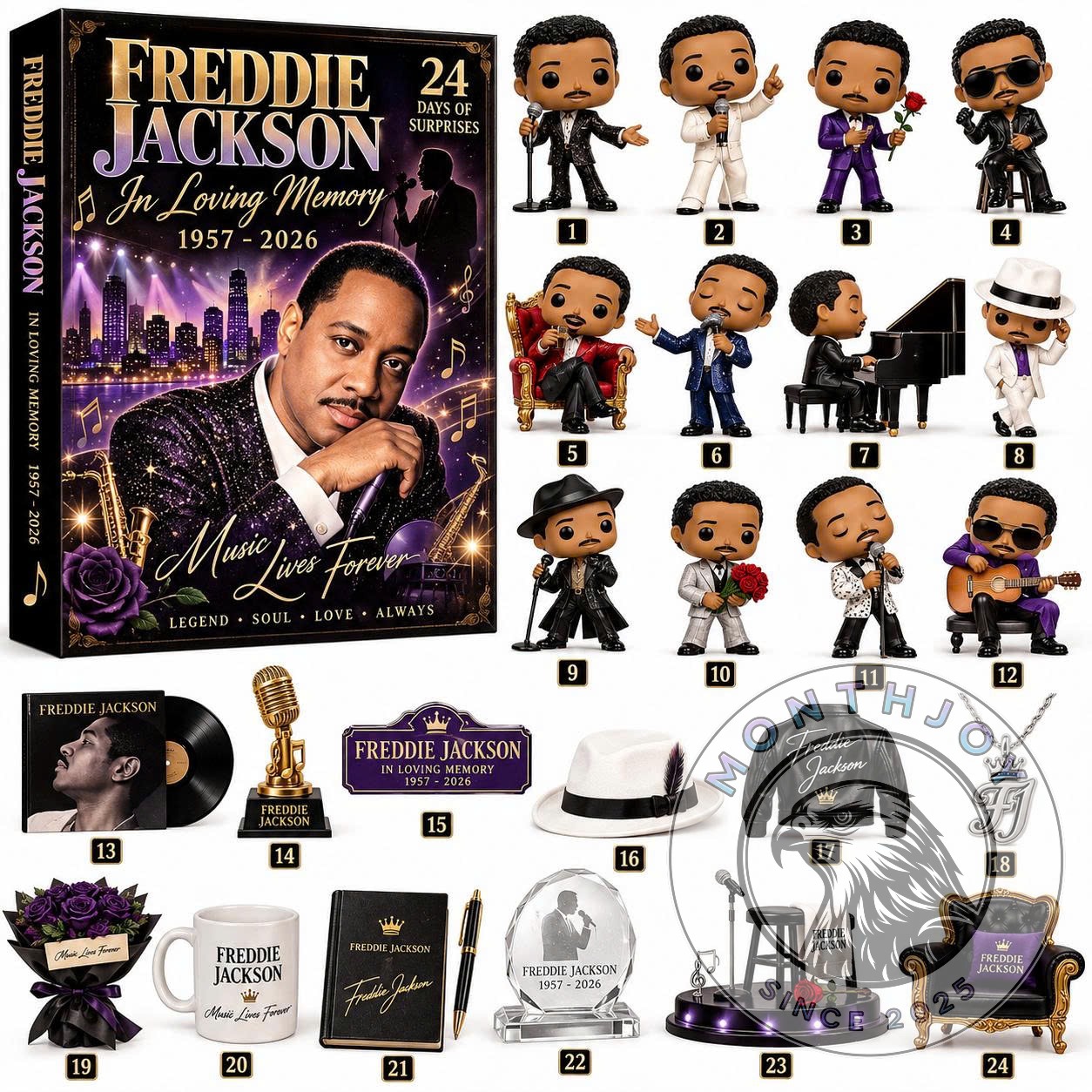 Freddie Jackson 2026 In Loving Memory Advent Calendar - front box and 24 illustrated surprise options