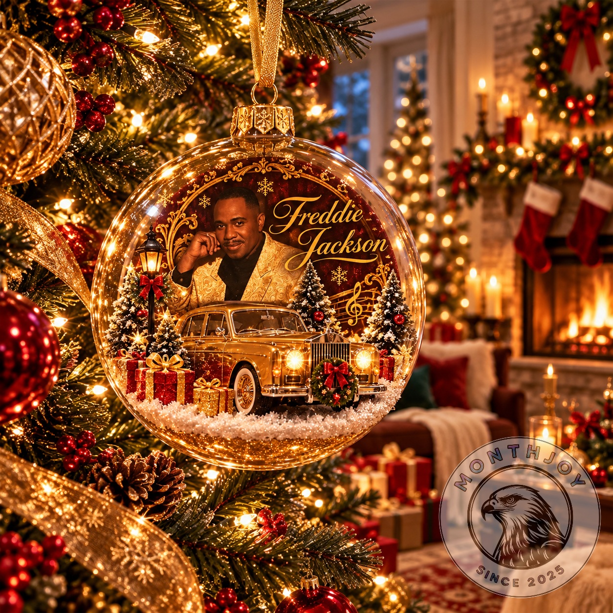 Freddie Jackson Christmas 2026 Luxury Car Ornament - front view with portrait and vintage car design