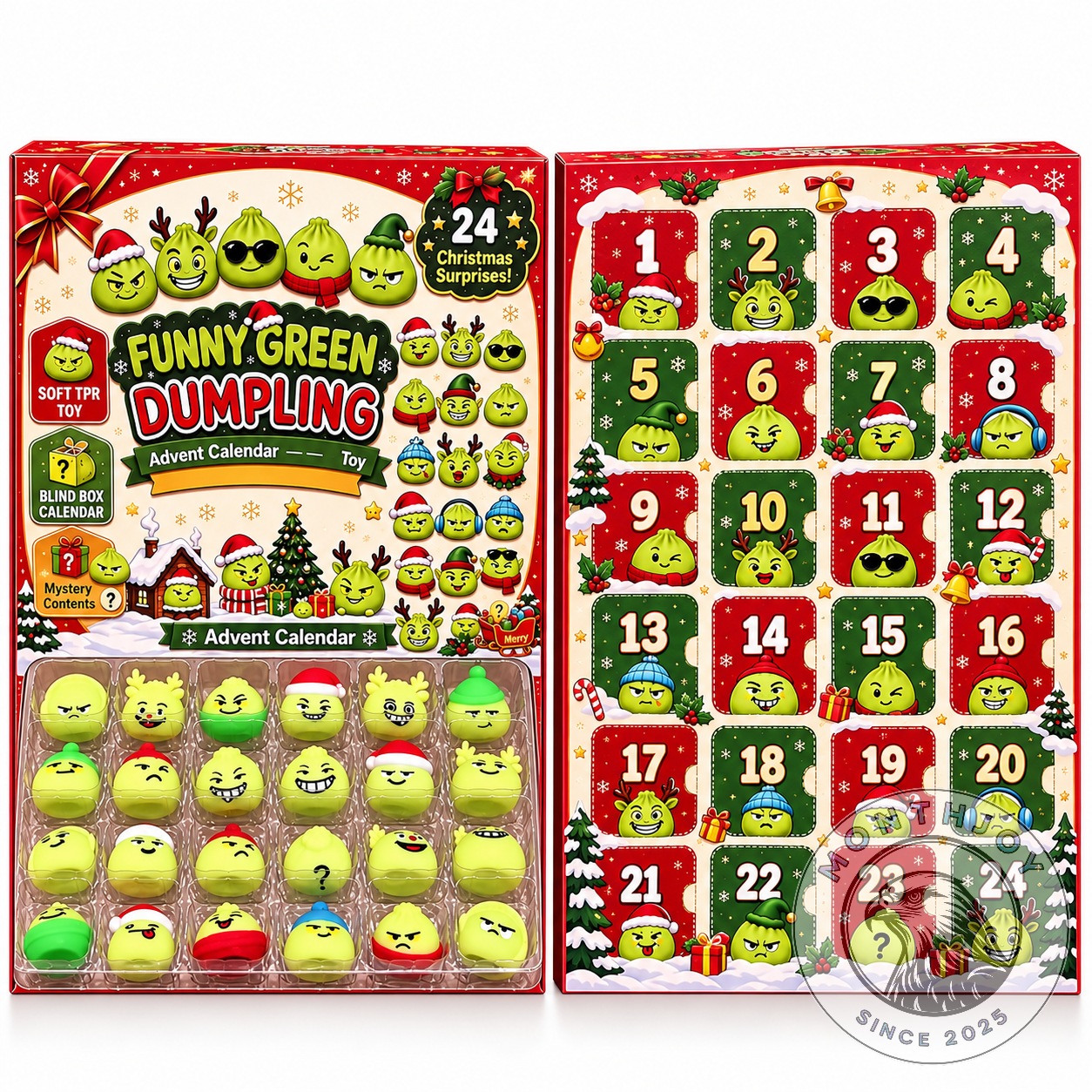 Funny Green Dumpling Christmas 2026 Squishy Advent Calendar - front packaging with character illustrations