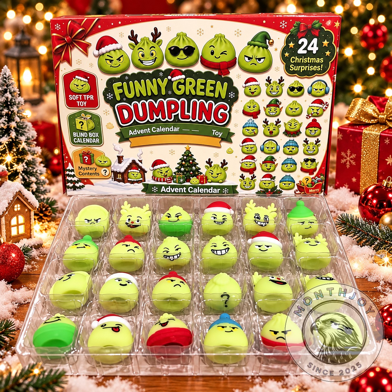 Funny Green Dumpling Christmas 2026 Squishy Advent Calendar - opened box with miniature character toys