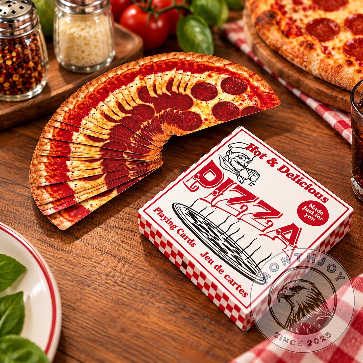 GAMAGO Pizza-Shaped Playing Cards - fan-shaped deck beside illustrated pizza card box