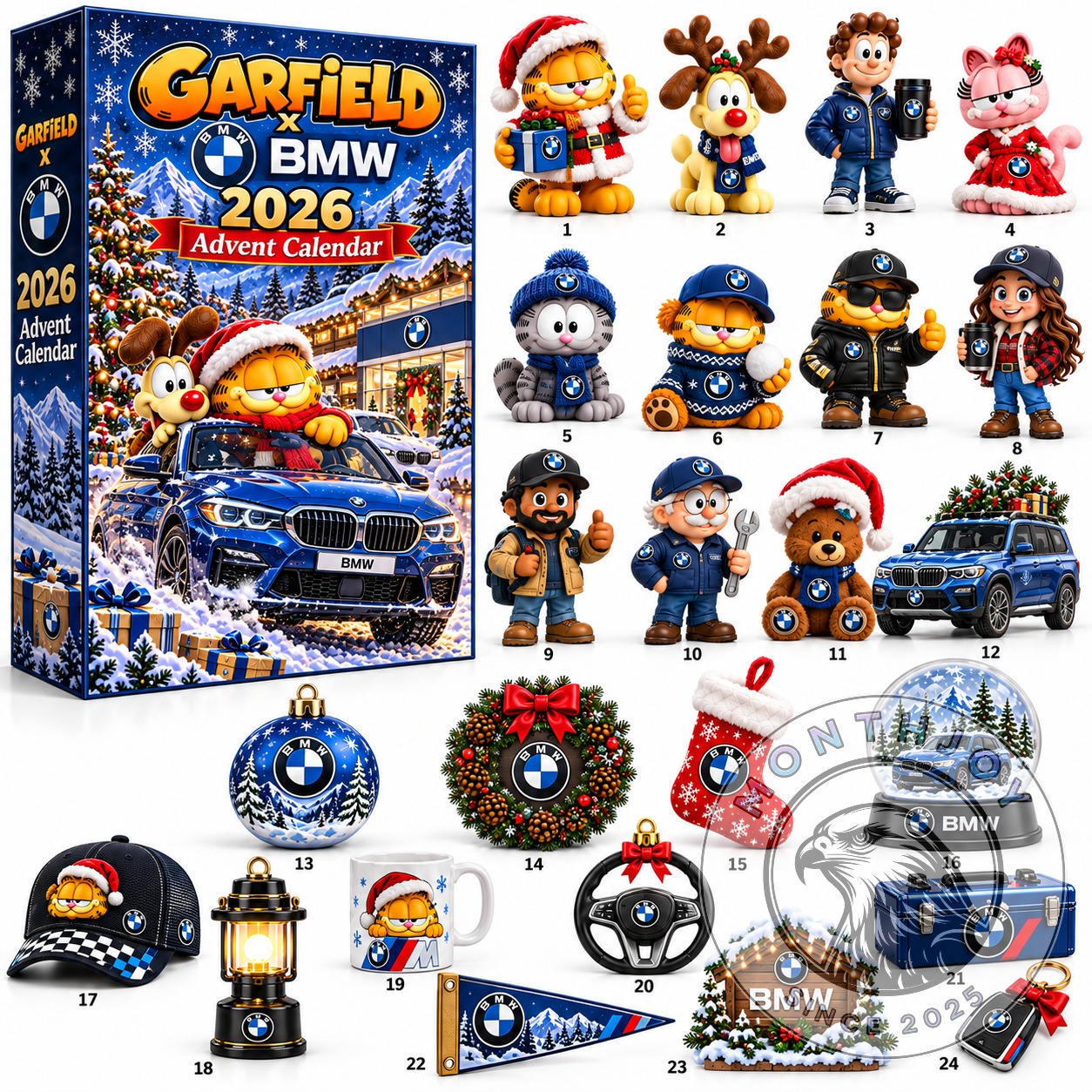 Garfield x BMW 2026 Advent Calendar - front box artwork with snowy BMW car scene