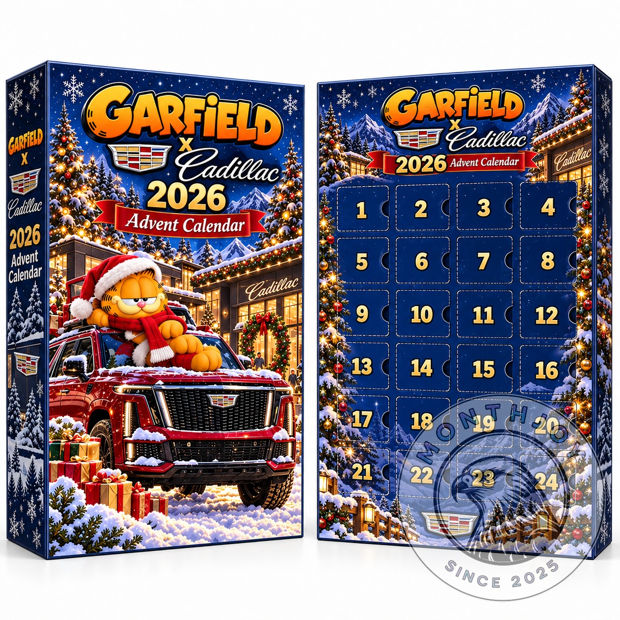 Garfield x Cadillac 2026 Christmas Advent Calendar - side panel showing Cadillac branding and snowflakes