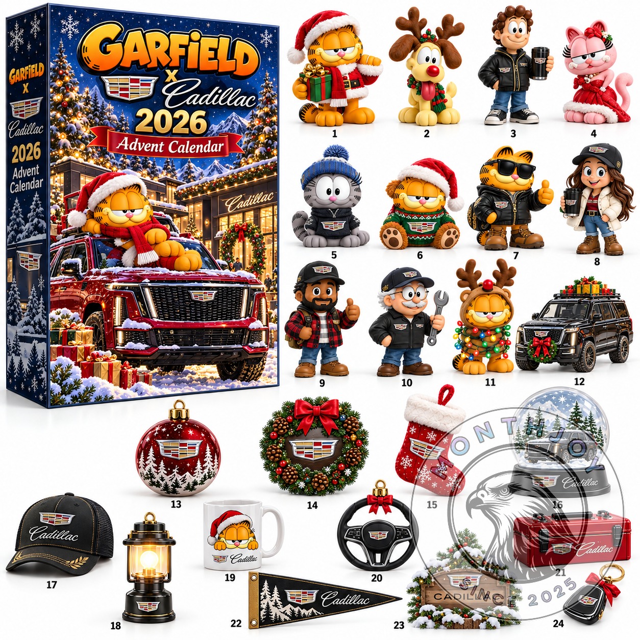 Garfield x Cadillac 2026 Christmas Advent Calendar - front box with snowy Cadillac vehicle artwork