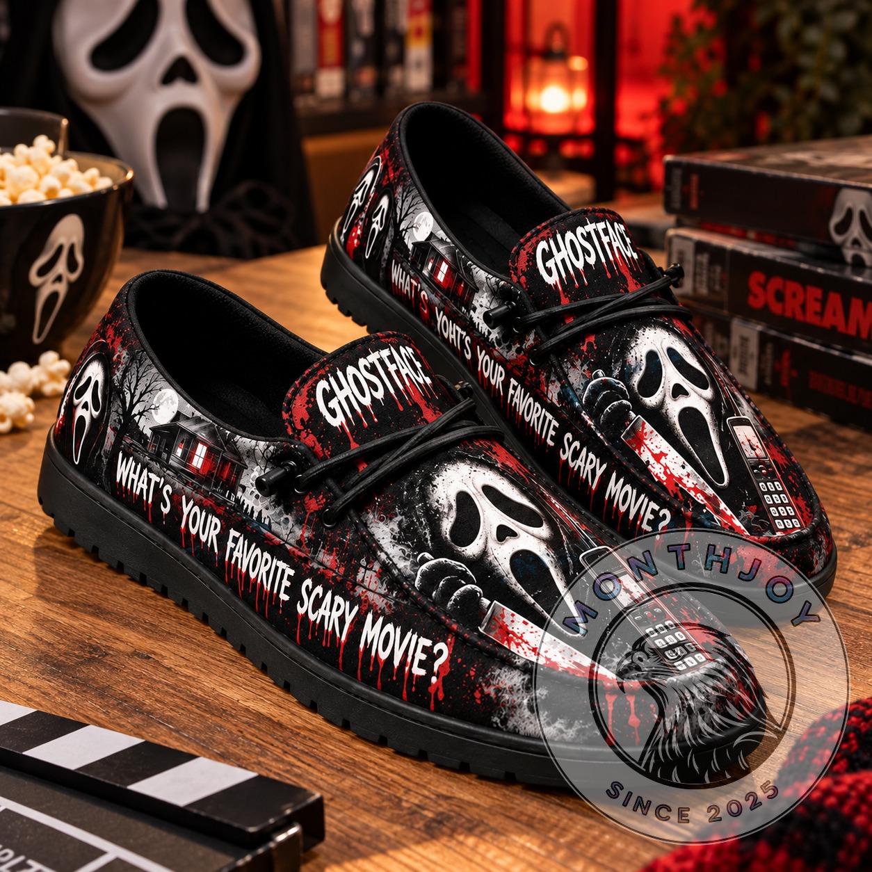 Ghostface What's Your Favorite Scary Movie Halloween Loafer Shoes - angled pair view with mask graphics