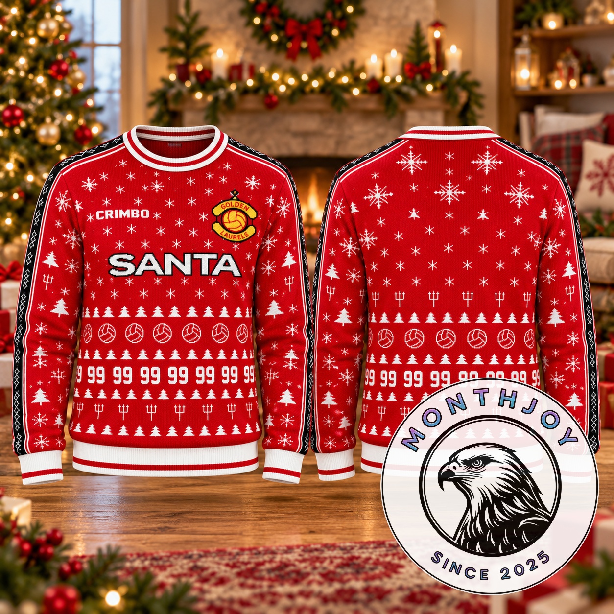 Golden Laurels Crimbo Santa Christmas Volleyball Ugly Sweater - front and back views