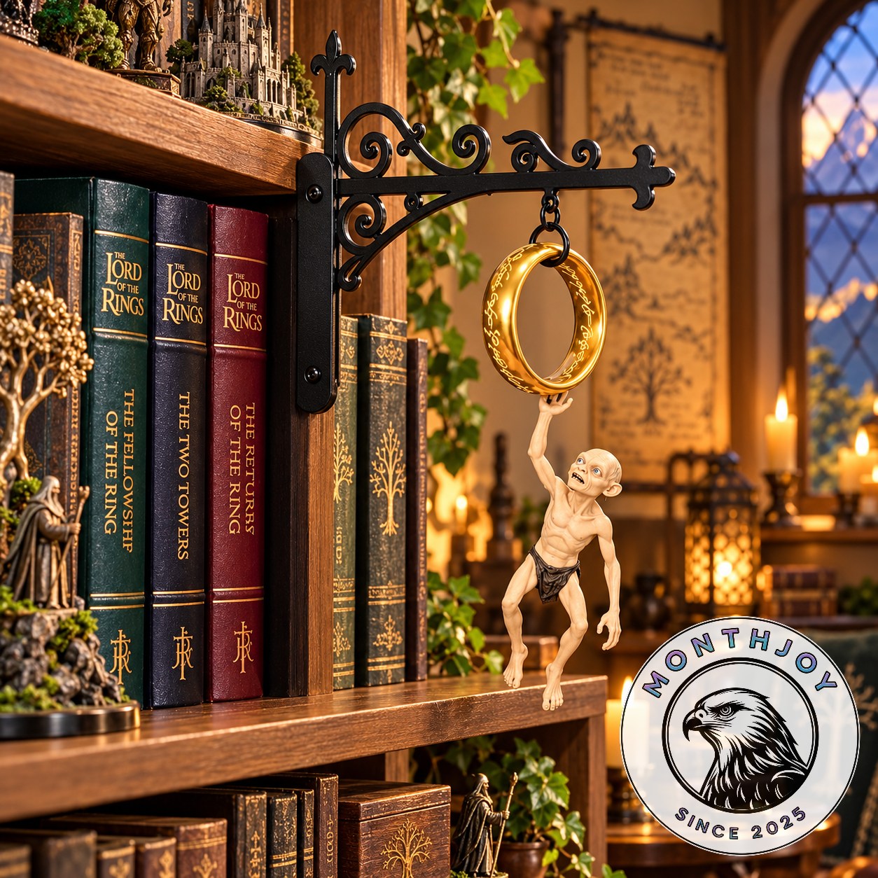 Gollum Holding the One Ring Bookshelf Decor - front display beside books on a shelf