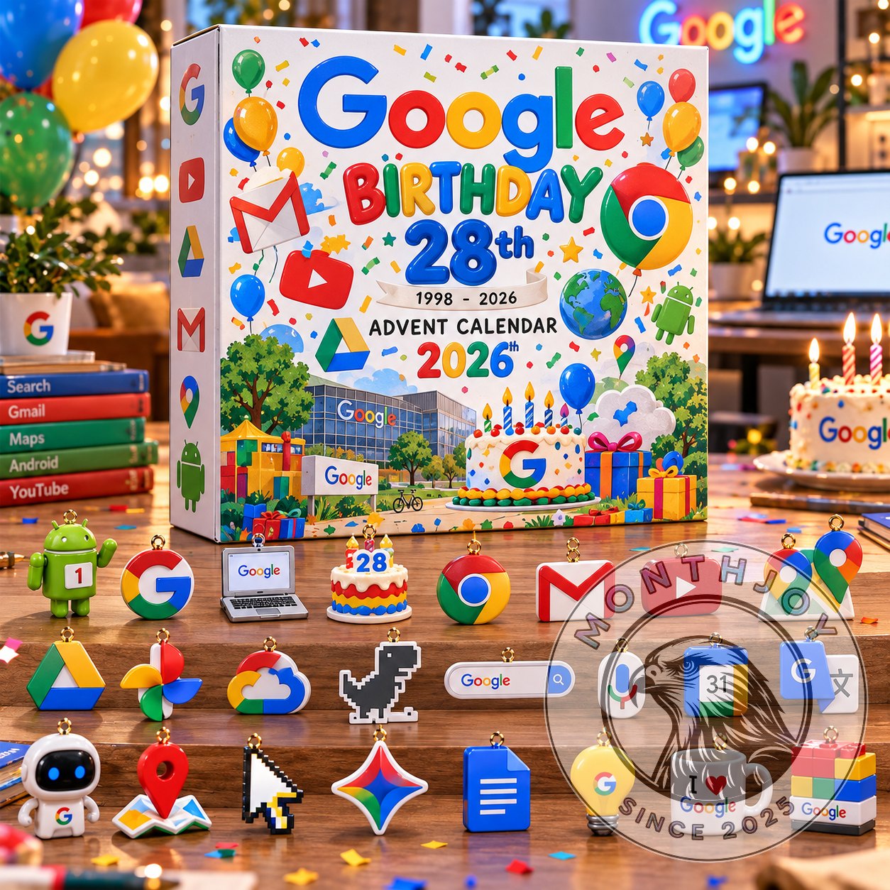 Google 28th 1998-2026 Birthday 2026 Advent Calendar - front box view with themed miniature items