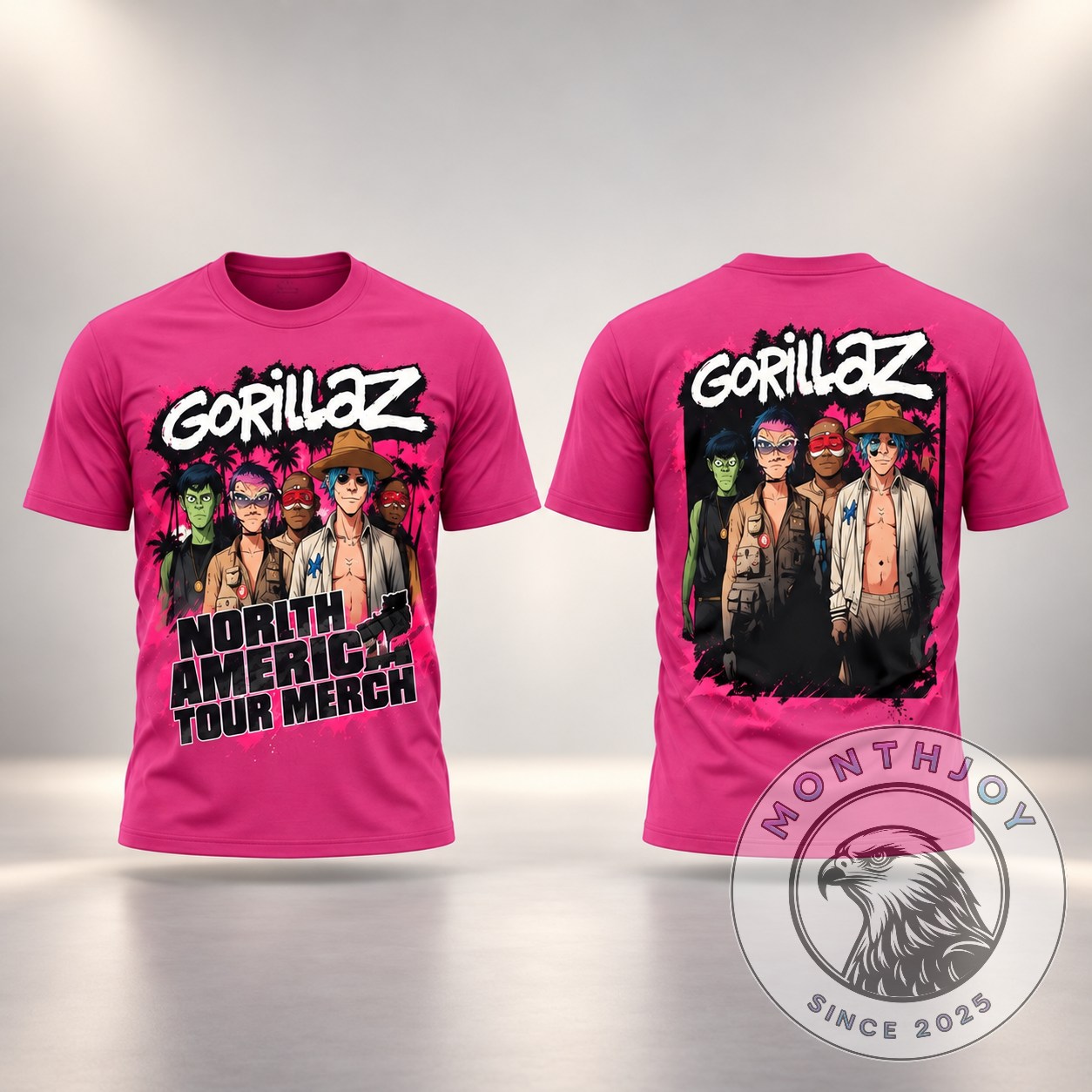 Gorillaz The North American Mountain Tour 2026 Pink T-Shirt - front and back views with character artwork