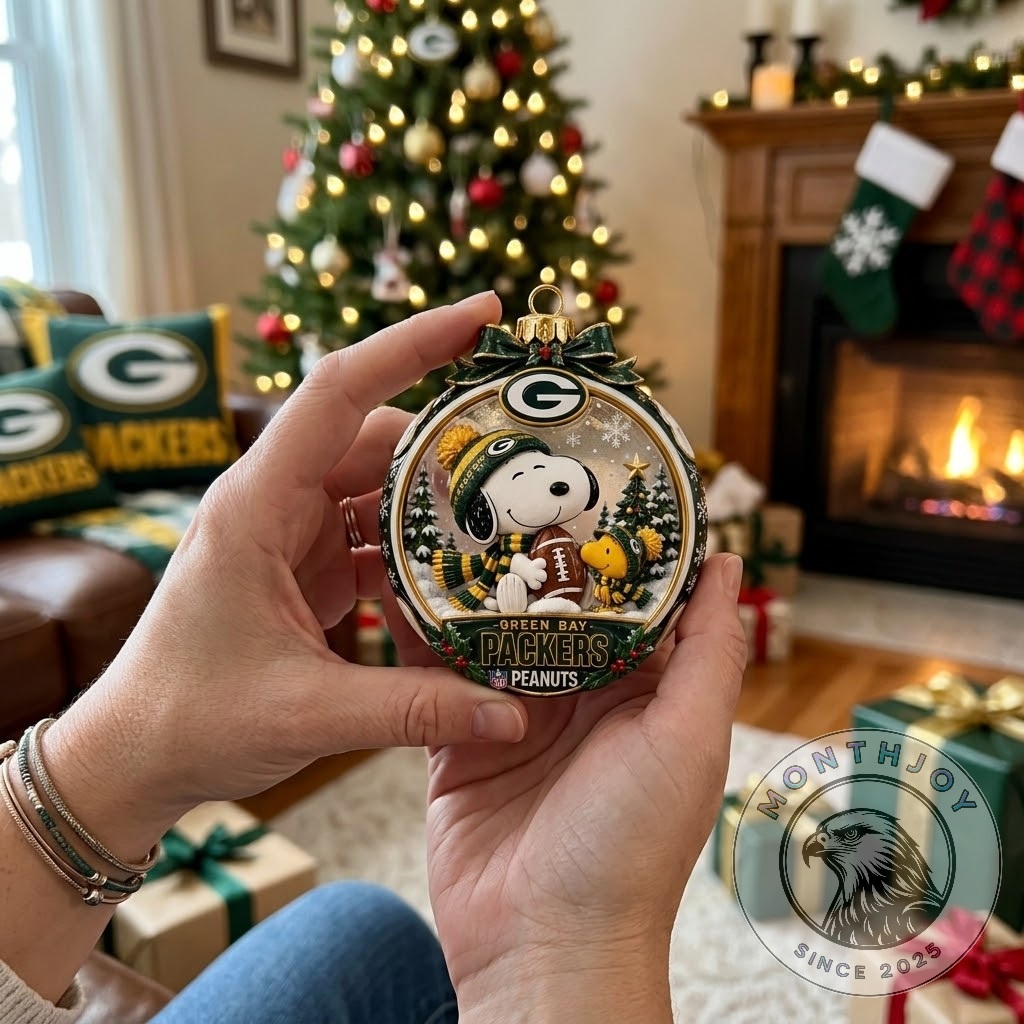 Green Bay Packers Snoopy And Peanuts Christmas 2026 Ornament - close-up of Packers logo and bow