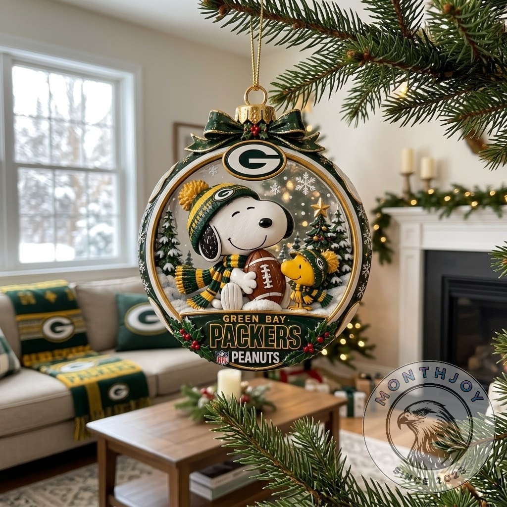 Green Bay Packers Snoopy And Peanuts Christmas 2026 Ornament - detailed snowy football scene
