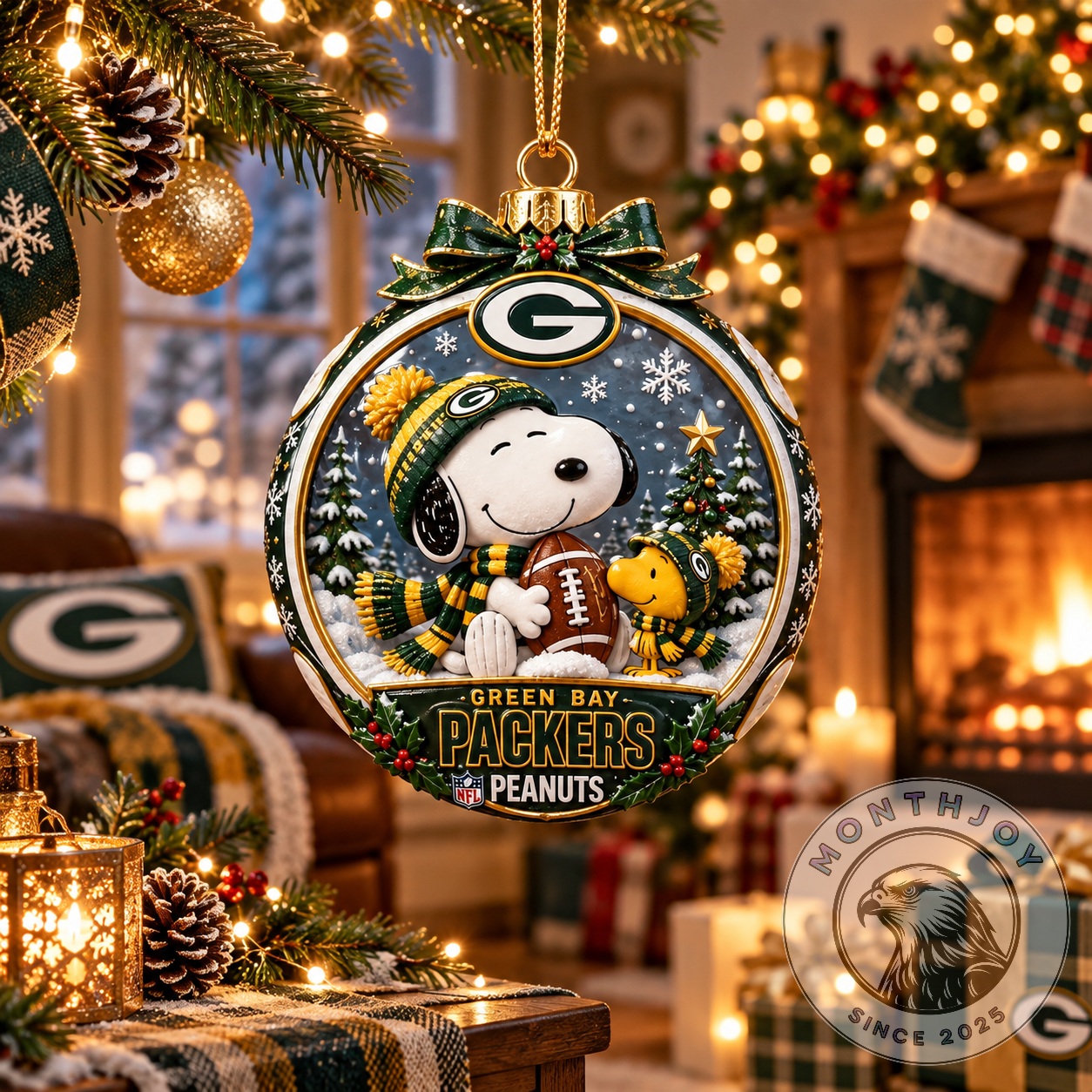 Green Bay Packers Snoopy And Peanuts Christmas 2026 Ornament - front view with Snoopy and Woodstock