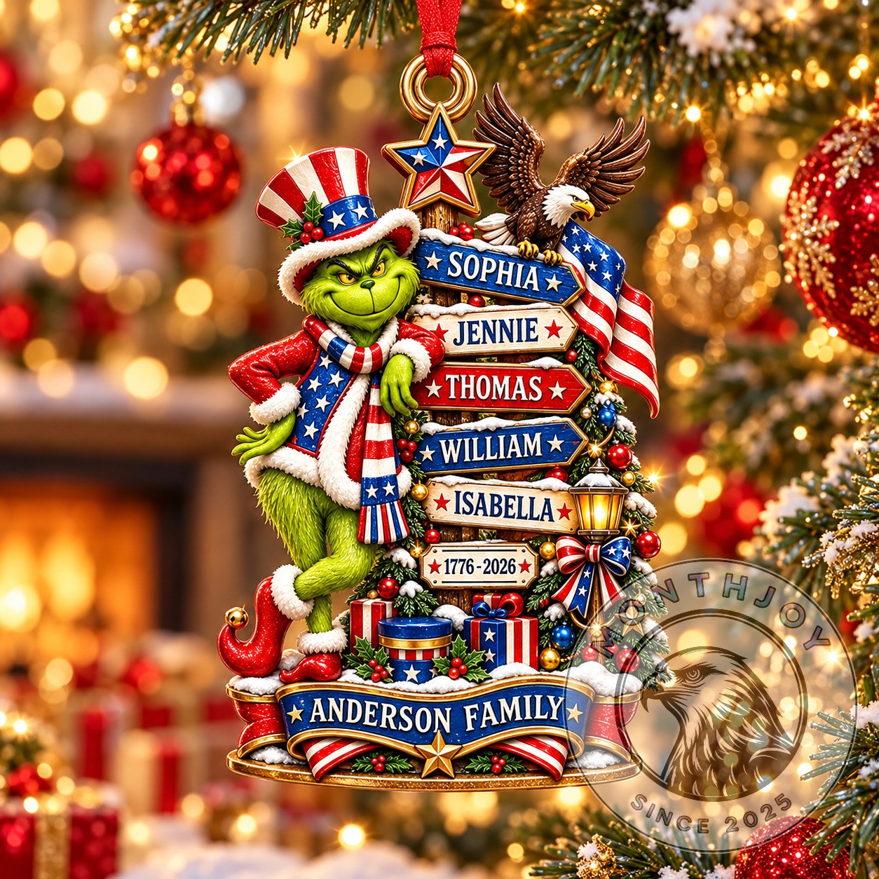 Grinch America 250th Anniversary Patriotic Family Ornament 2026 - front view with personalized family names