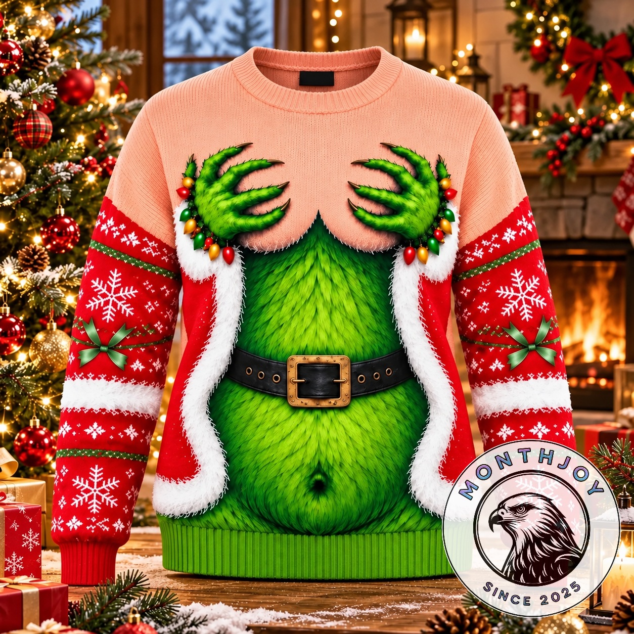 Grinch-inspired Christmas ugly sweater front view with green furry creature design
