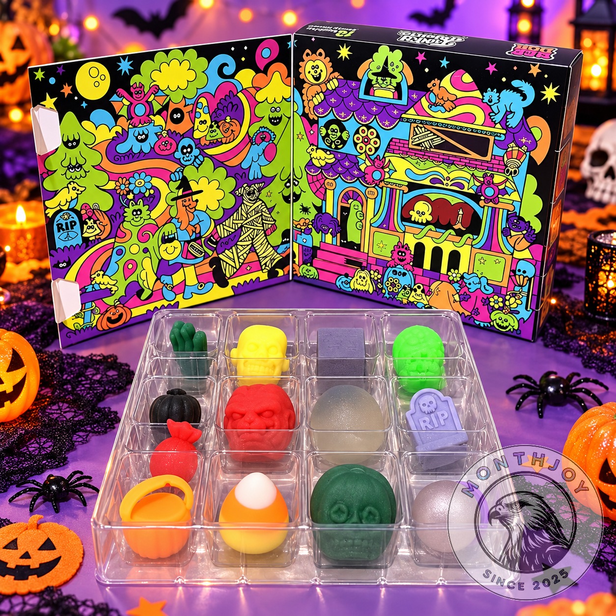 Halloween 2026 Monster Mystery Squishy Advent Calendar - open boxes and colorful novelty compartments
