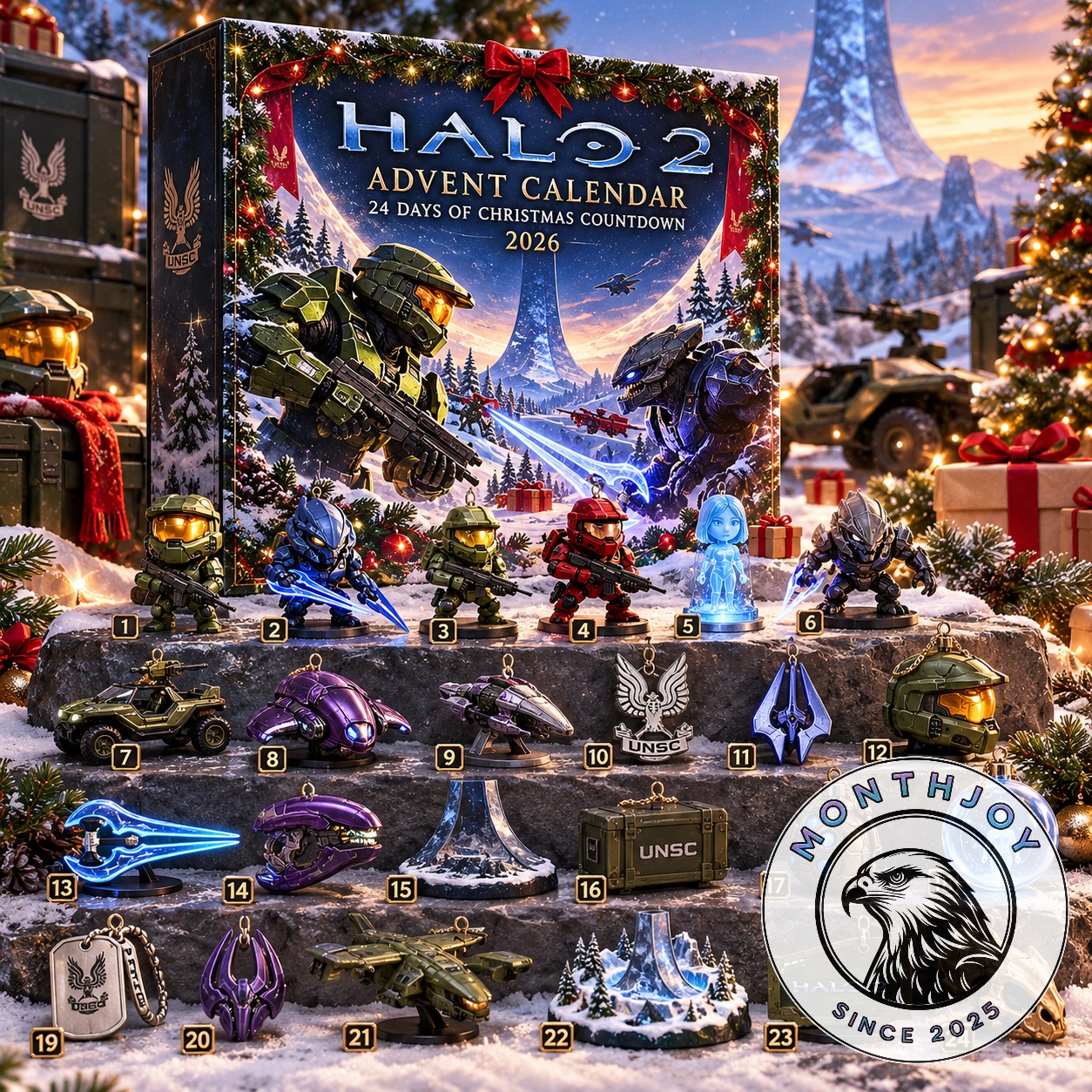 Halo 2 2026 24 Days of Christmas Countdown Advent Calendar - front view with numbered collectibles