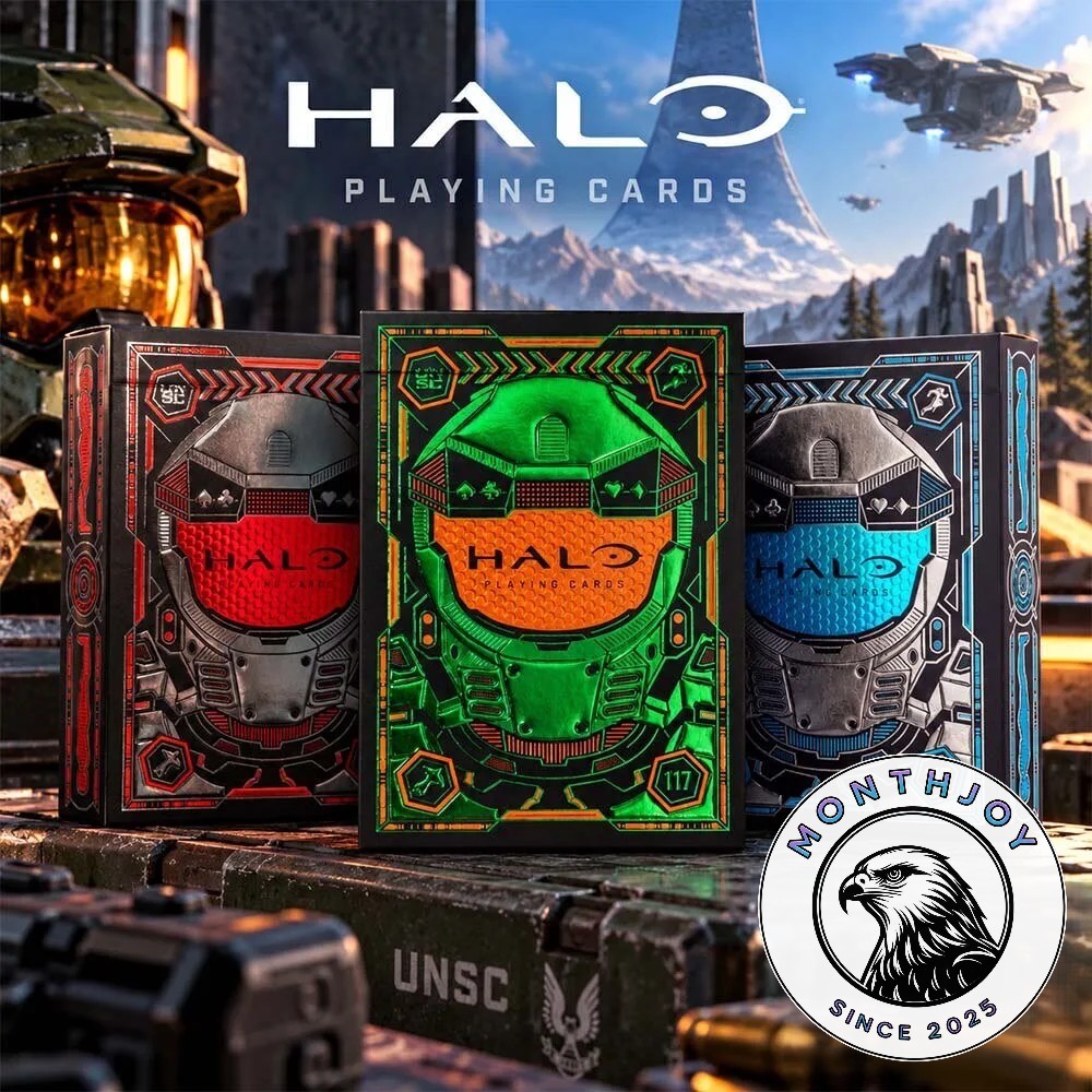 Halo Master Chief 117 Helmet Playing Cards Deck 2026 - three colored boxed decks displayed together