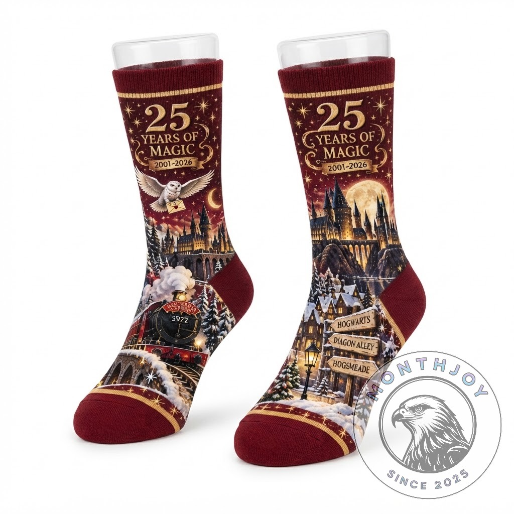 Harry Potter 25 Years of Magic Crew Socks 2026 - Hogwarts castle and snowy landscape