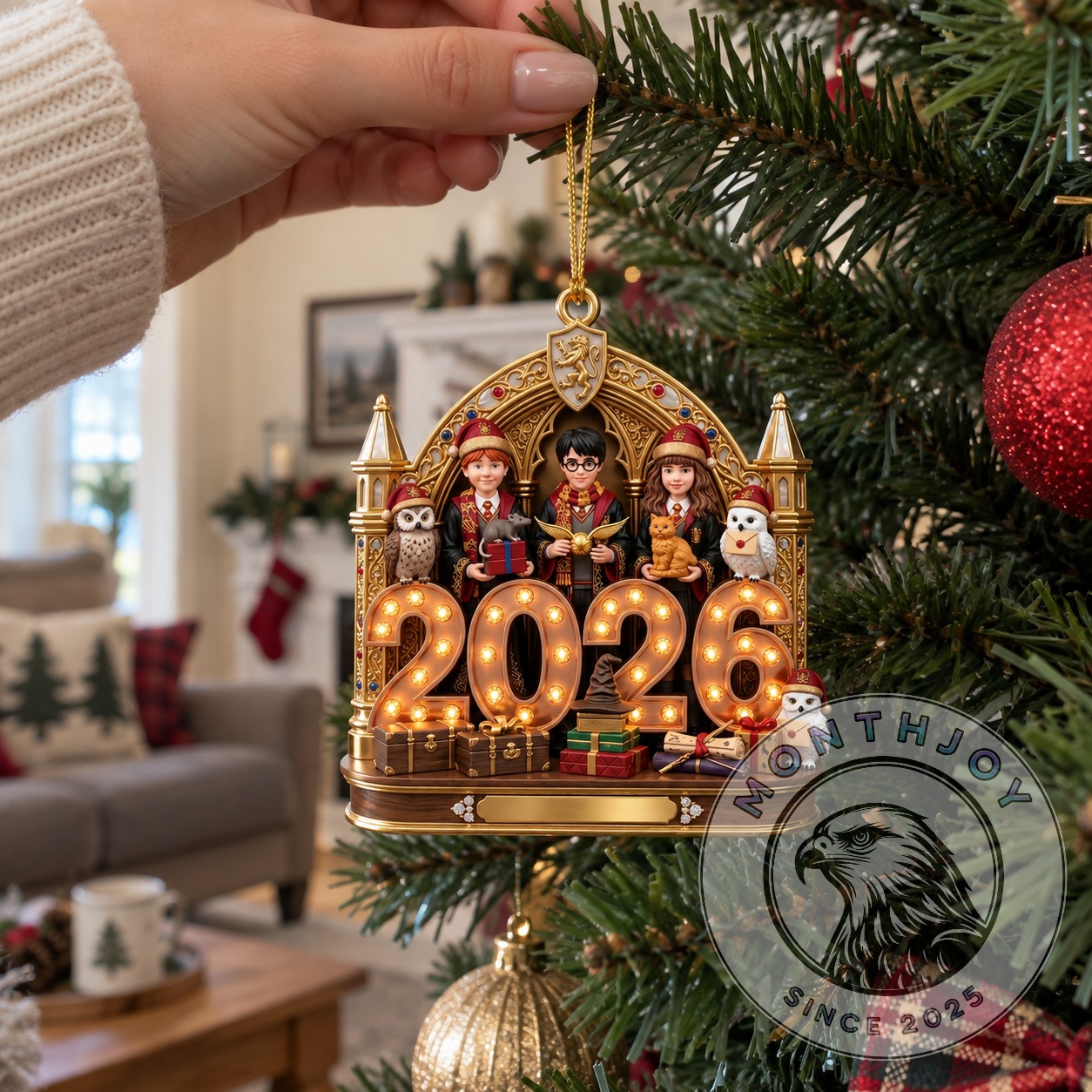 Harry Potter ornament showing Hogwarts crest and three main characters