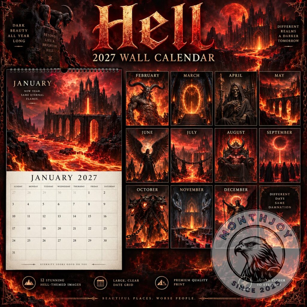 Hell Dark Fantasy 2027 Wall Calendar - full front view with twelve illustrated monthly panels