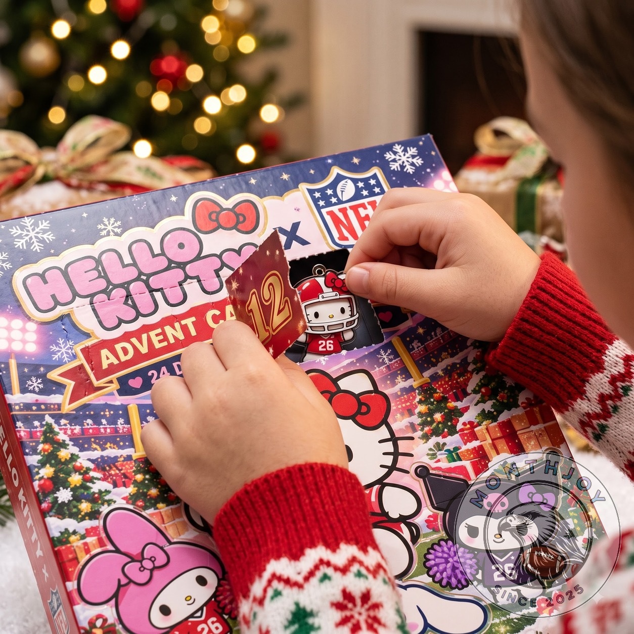 Hello Kitty NFL Christmas 2026 Advent Calendar - front view with an opened numbered door