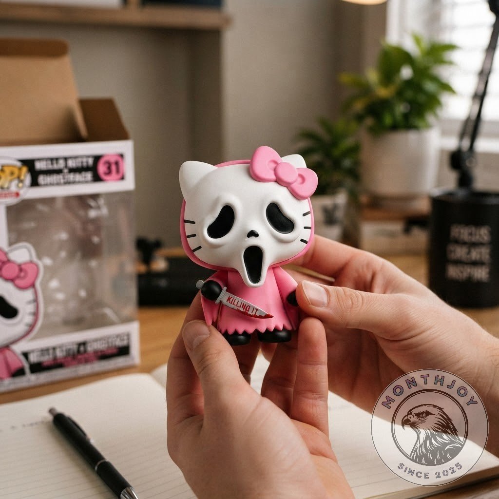 Hello Kitty x Ghostface figure displayed beside its boxed packaging