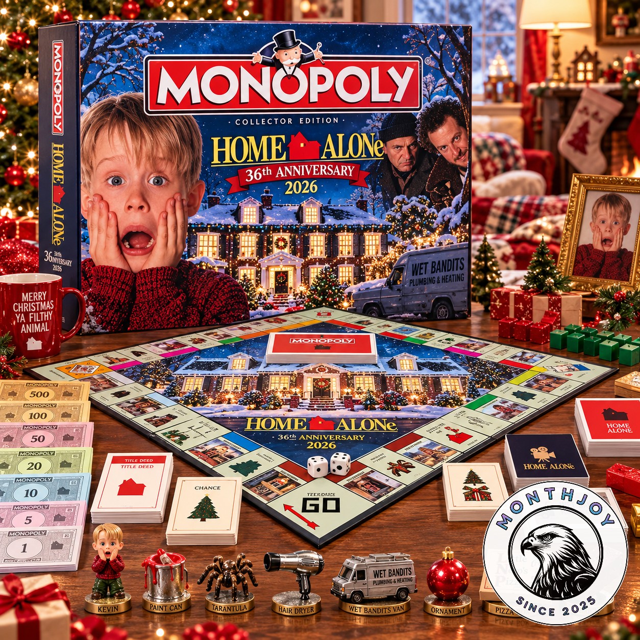 Home Alone 36th Anniversary 2026 Monopoly Board Game - complete set displayed with box and game pieces