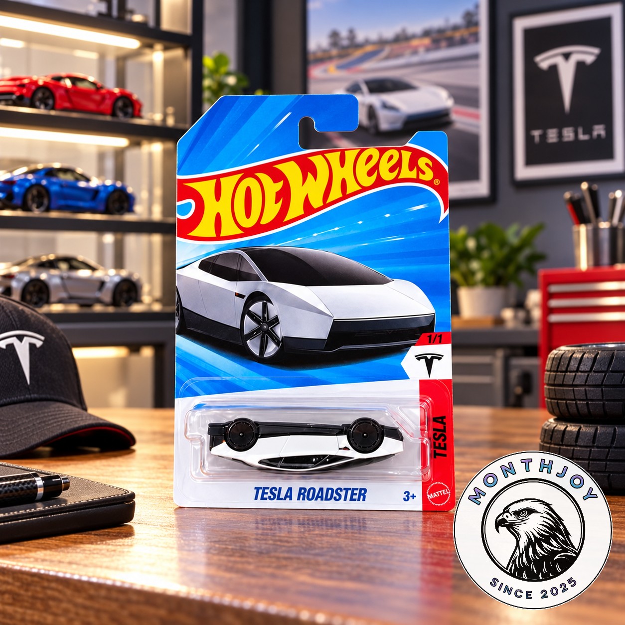 Hot Wheels Tesla Cybertruck Roadster Diecast Car 2026 - front view in branded blister packaging