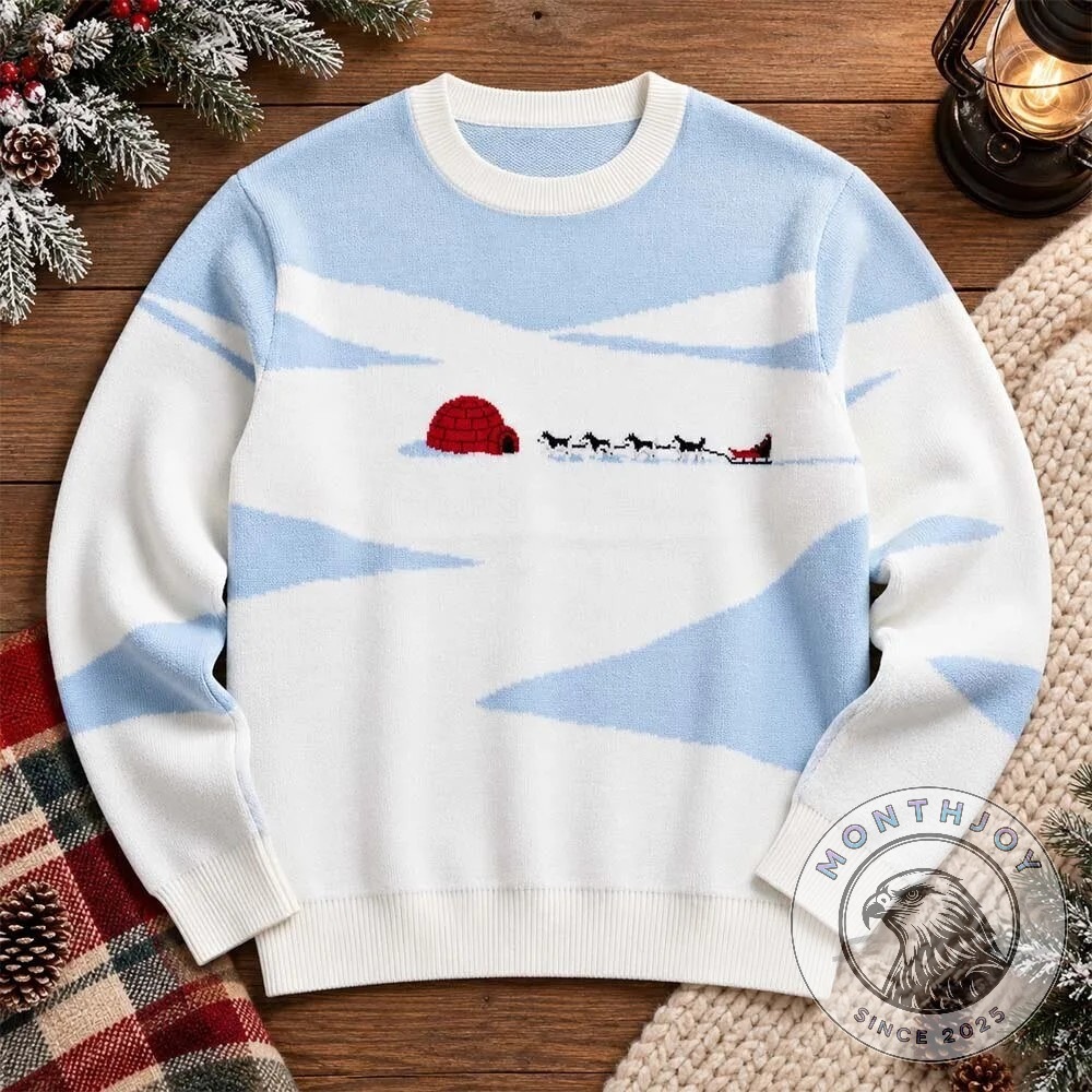 Igloo 2026 Winter Wonderland Snowy Landscape Ugly Sweater - front view with igloo and sled graphic