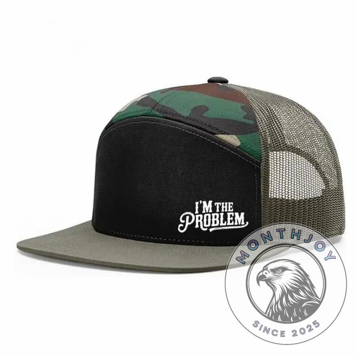 I'm The Problem Camo Trucker Cap - angled front view showing embroidered text