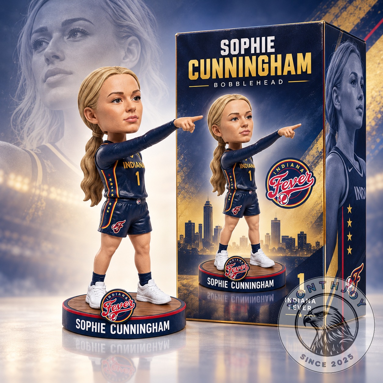 Indiana Fever Sophie Cunningham Pointing Bobblehead - front view beside branded display box