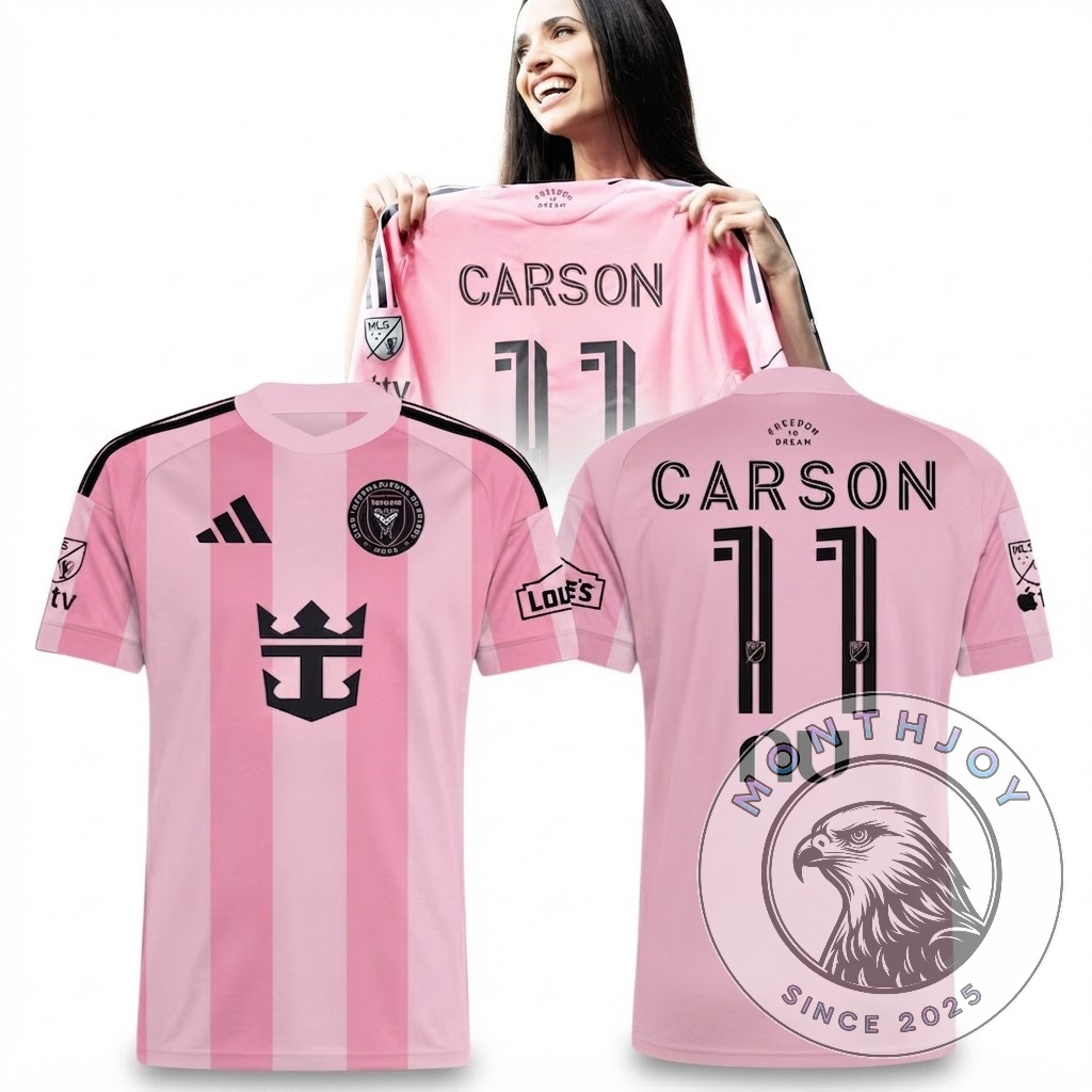 Inter Miami CF Carson Player Number 11 Soccer Jersey - front view with woman holding jersey