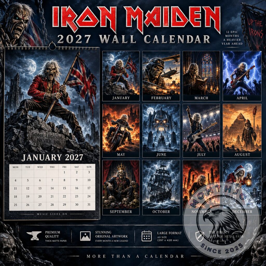 Iron Maiden 2027 Wall Calendar - full front view showing Eddie artwork and monthly panels