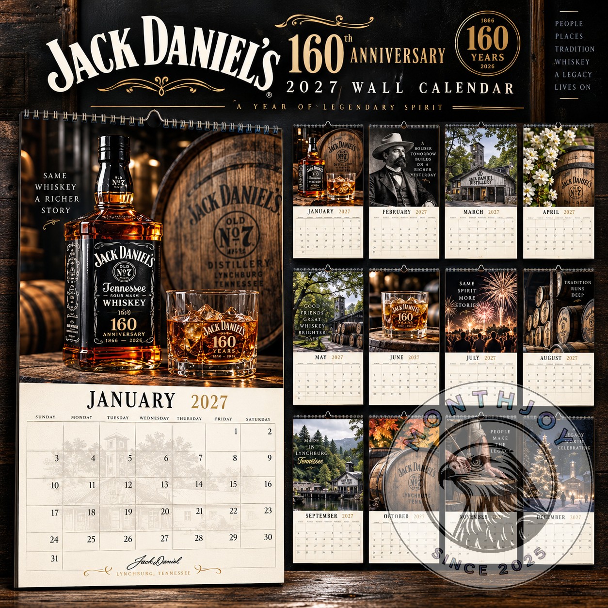 Jack Daniel's 160th Anniversary Wall Calendar - full front view with monthly pages