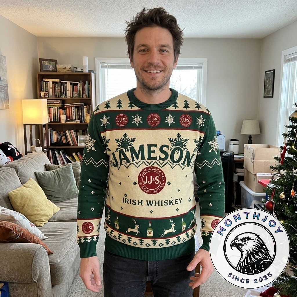 Jameson Irish Whiskey Big Logo Ugly Christmas Sweater - back view with repeating holiday graphics