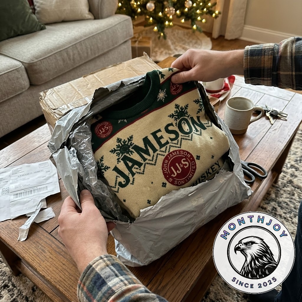 Jameson Irish Whiskey Big Logo Ugly Christmas Sweater - close-up of Jameson lettering and snowflakes