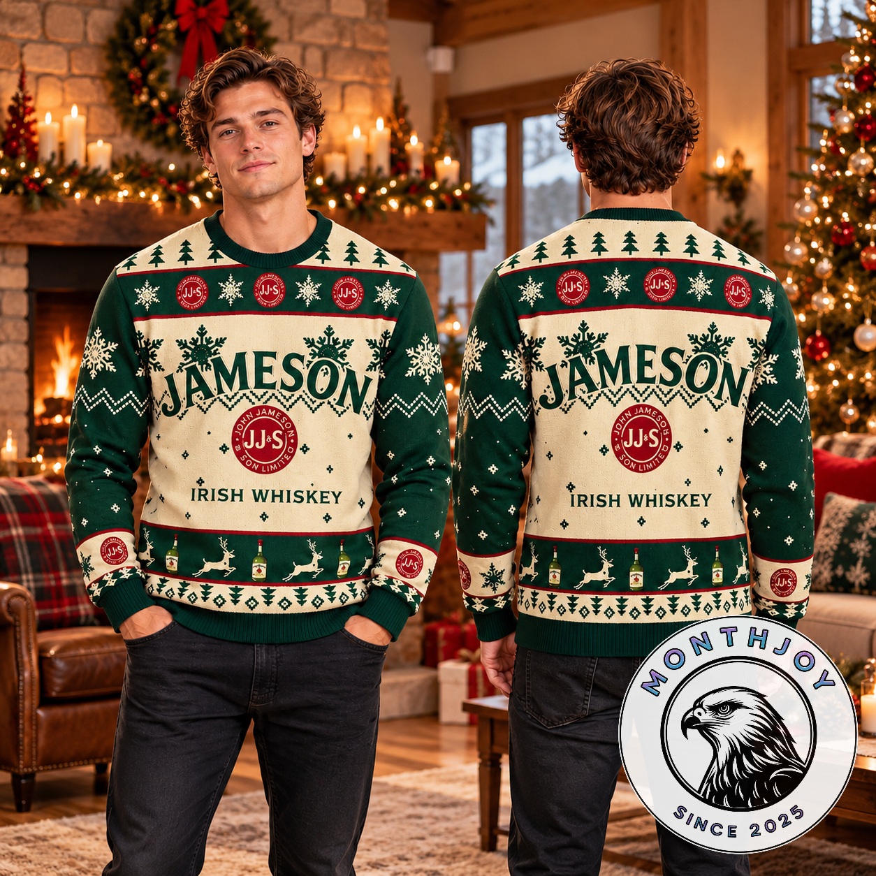 Jameson Irish Whiskey Big Logo Ugly Christmas Sweater - front view showing large central logo