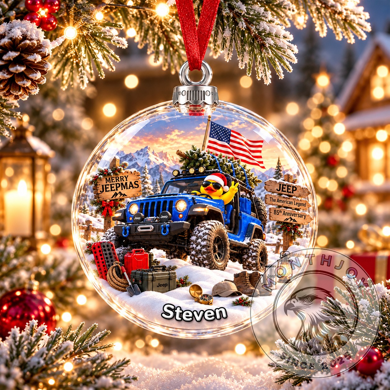Jeep 85th Anniversary Merry Jeepmas Christmas 2026 Ornament - front view with blue Jeep and Steven name